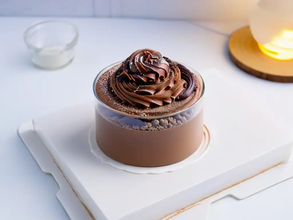 Mousse de chocolate sin gluten en copa moderna, decorada con cacao y rizo de chocolate, aspecto lujoso y tentador