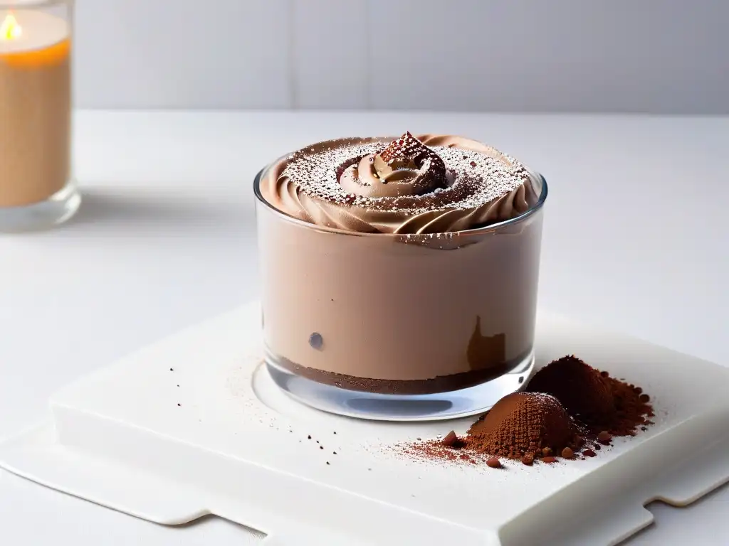 Mousse de chocolate sin gluten en vaso moderno, suave y cremosa, espolvoreada con cacao