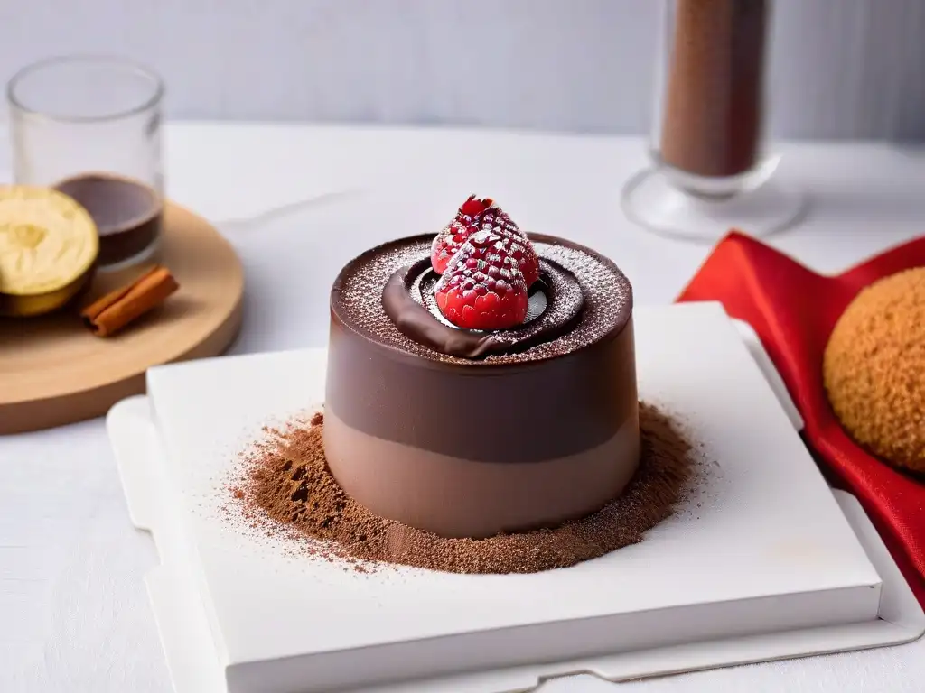 Mousse de chocolate ligero receta: Deliciosa mousse de chocolate en copa, espolvoreada con cacao y acompañada de frambuesa fresca