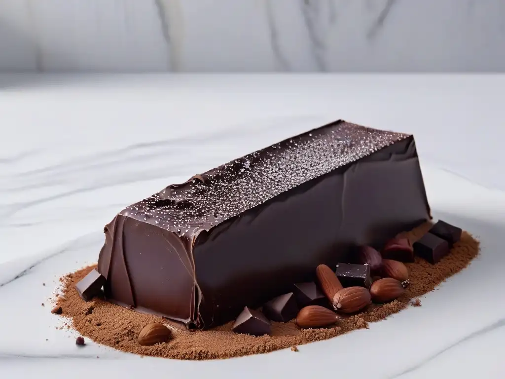 Un chocolate negro vegano de lujo sobre mármol blanco, con textura rica y tentadora