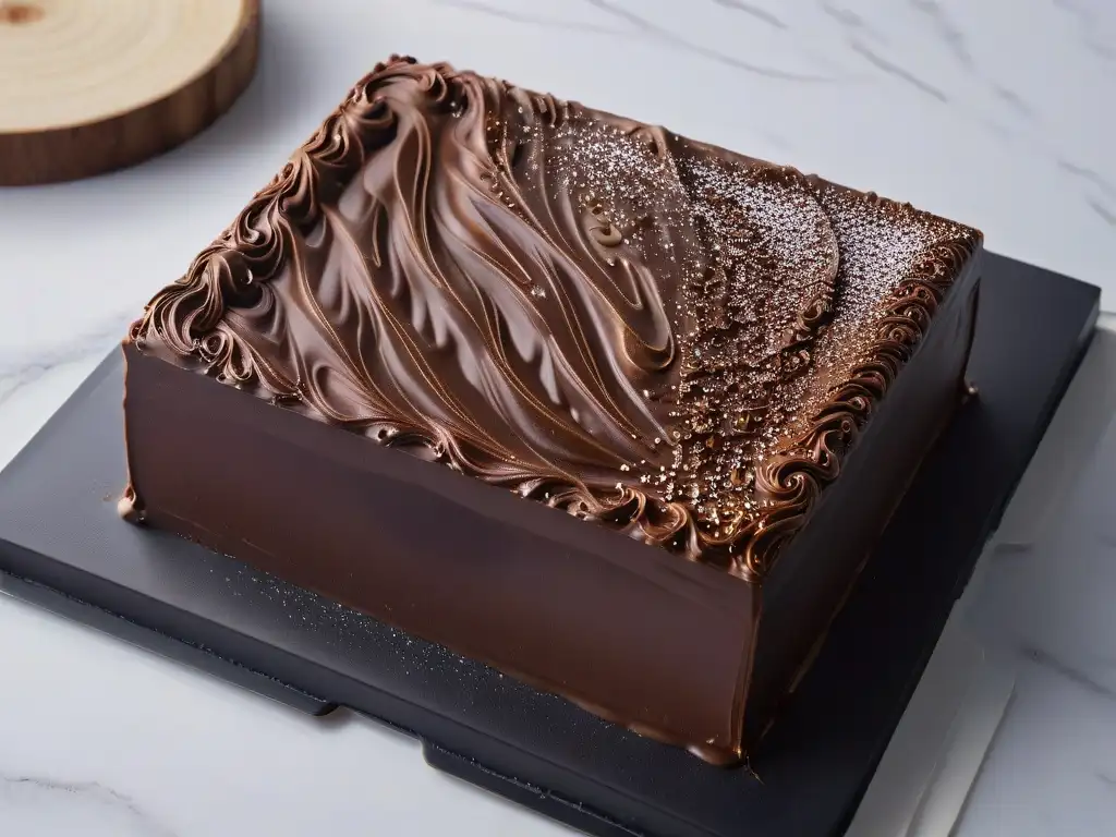 Chocolate de origen postres gourmet: Barra de chocolate oscuro con remolinos de caramelo sobre mármol blanco