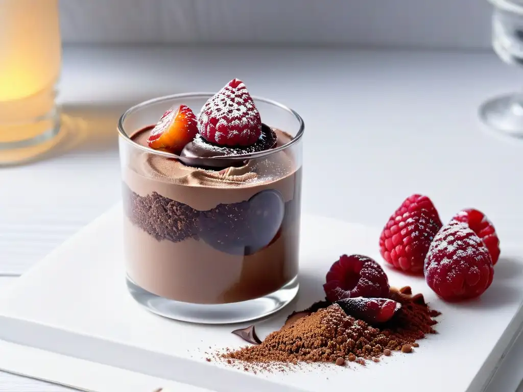 Mousse de chocolate saludable en copa elegante, con acabado brillante y frambuesa fresca