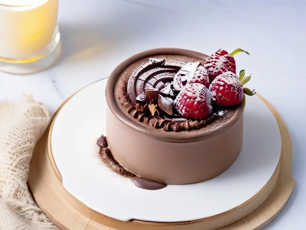 Mousse de chocolate saludable con frambuesas frescas en copa de postre, sobre encimera de mármol blanco