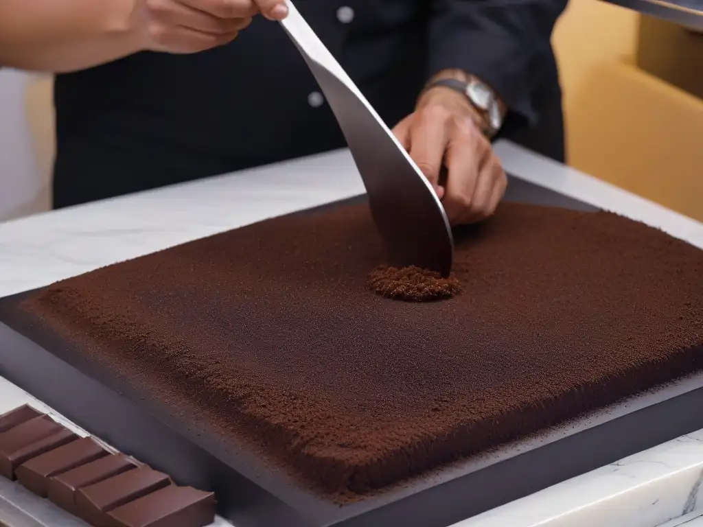 Chocolatero experto en técnicas avanzadas en chocolatería temperando chocolate a mano sobre mármol brillante