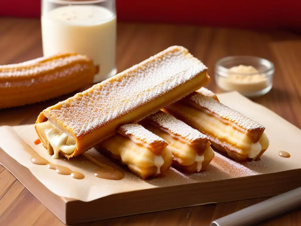 Un churro dorado y crujiente lleno de dulce de leche, con textura detallada y brillo de azúcar