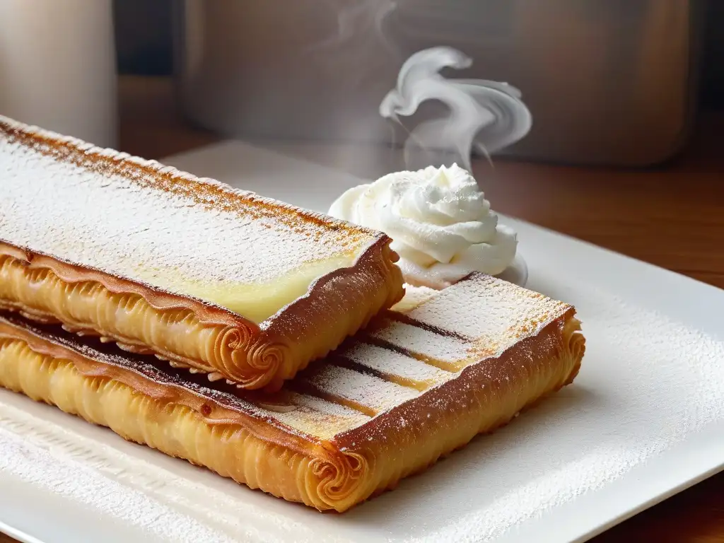 Un churro dorado recién frito en aceite burbujeante, con un ligero toque de azúcar glas