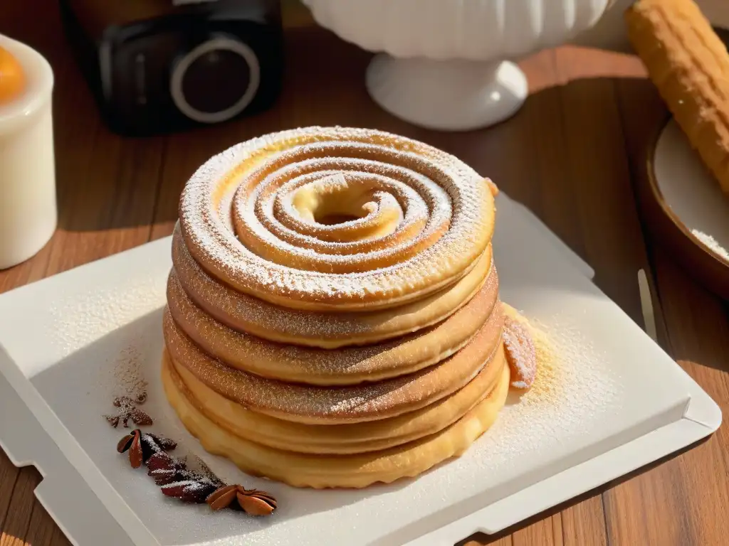 Un churro español perfectamente elaborado, espolvoreado con azúcar y canela, descansa en un plato de porcelana