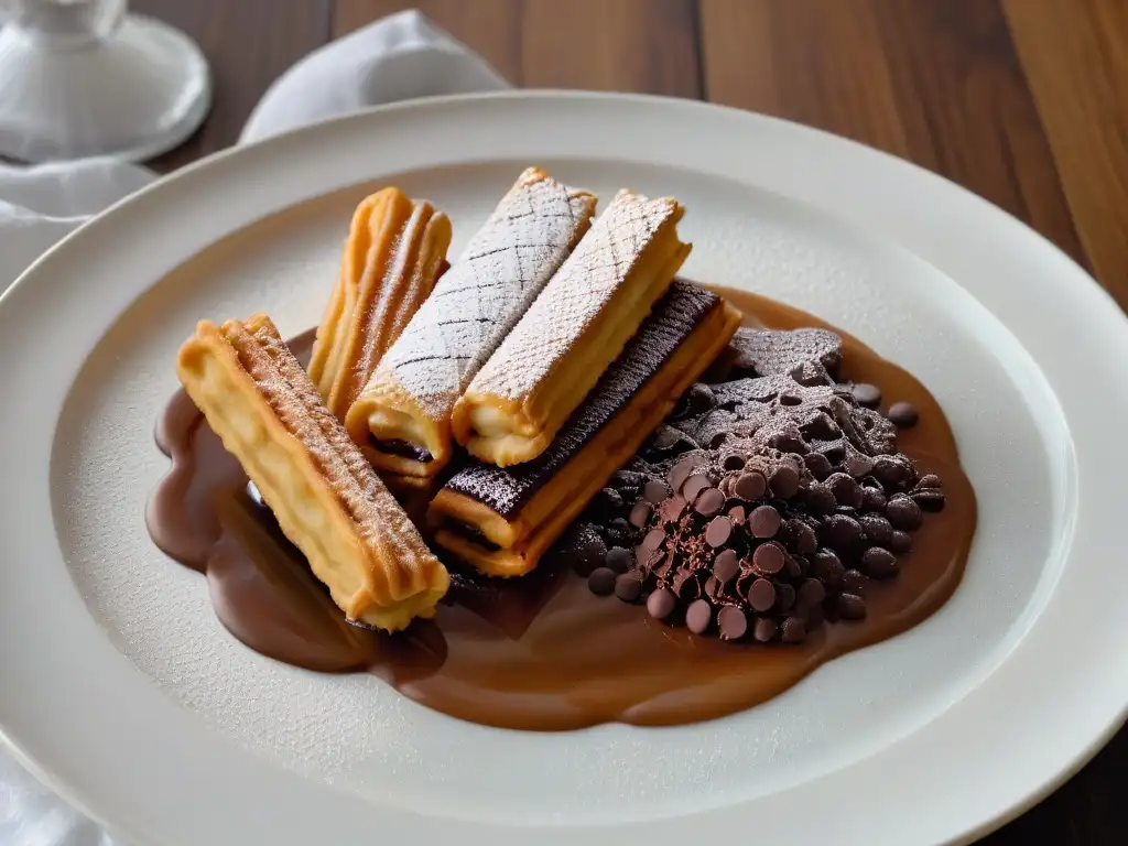 Churros rellenos crujientes con delicioso chocolate, en plato moderno