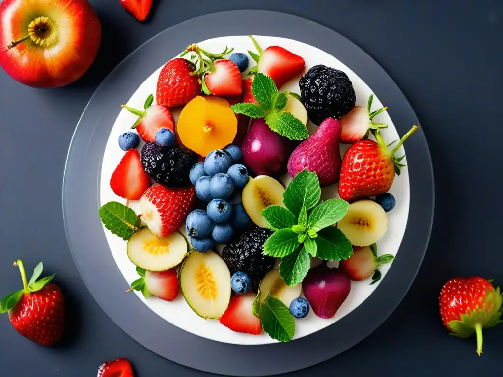 Un círculo perfecto de frutas y verduras orgánicas vibrantes sobre una encimera de mármol blanco