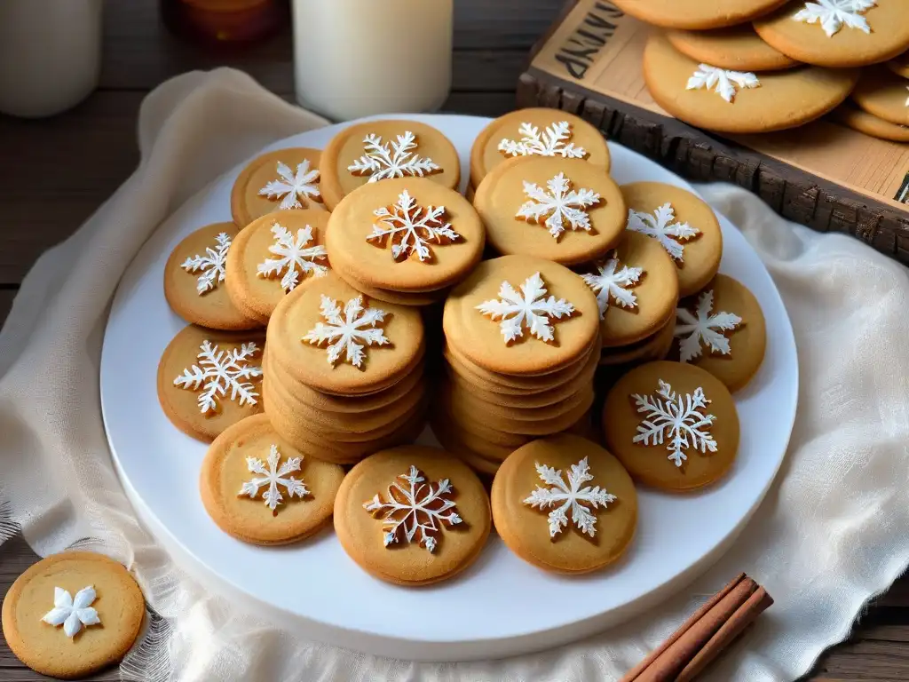 Un círculo perfecto de Galletas de mantequilla especiadas navideñas, recién horneadas, con detalles de copos de nieve y renos en una mesa rústica