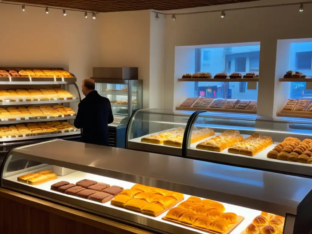 Clientes felices disfrutando de delicias en una pastelería vibrante, con detalles de redes sociales