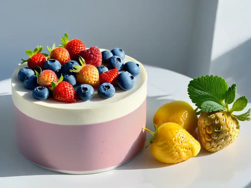 Una cocina blanca con frutas frescas coloridas como fresas, arándanos y frambuesas