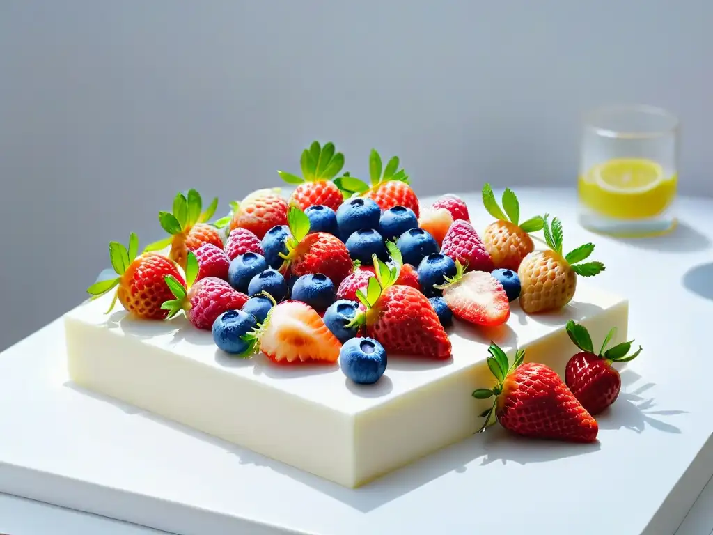 Una cocina blanca impecable con frutas frescas vibrantes y jugosas, dispuestas de forma creativa