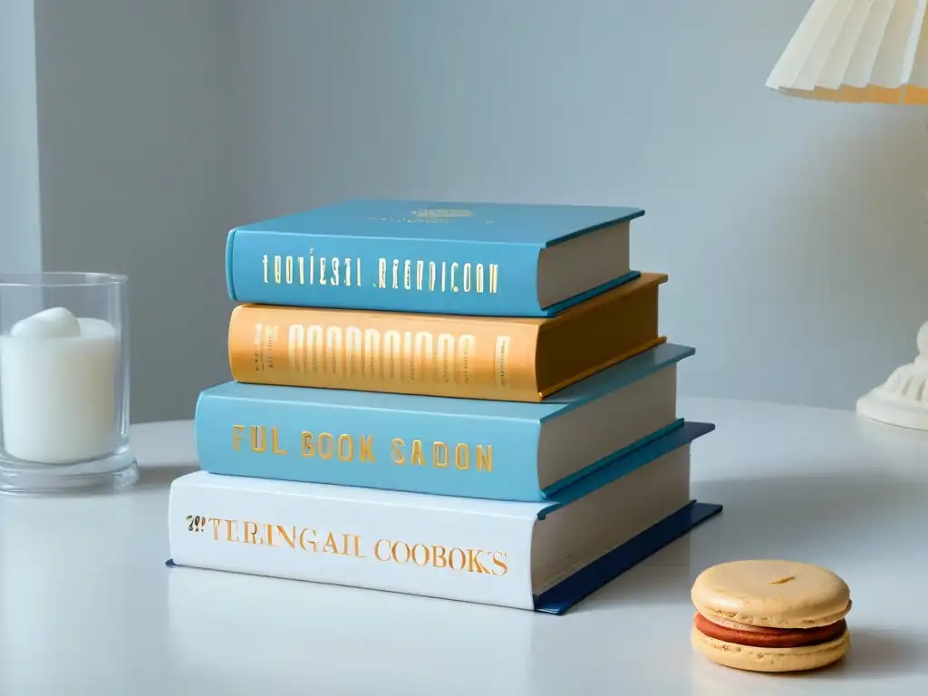 Una cocina blanca impecable con libros de repostería sin gluten deliciosos en portadas vibrantes y atractivas