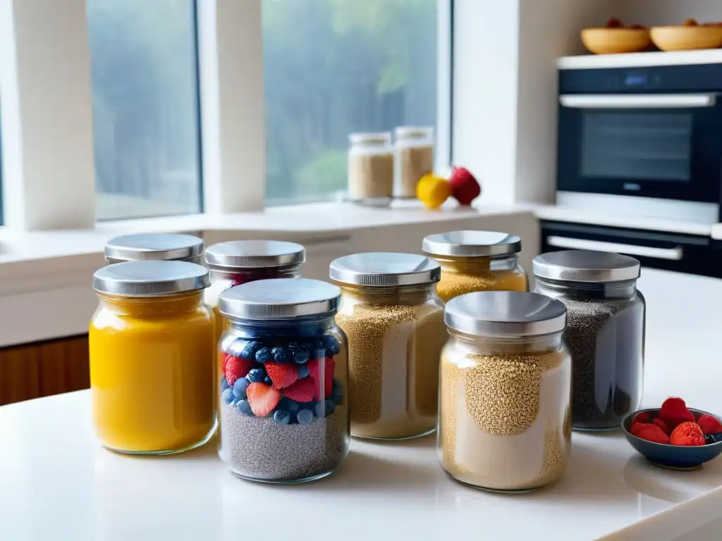 Una cocina contemporánea llena de ingredientes para repostería moderna sin gluten, organizados en elegantes mostradores de mármol