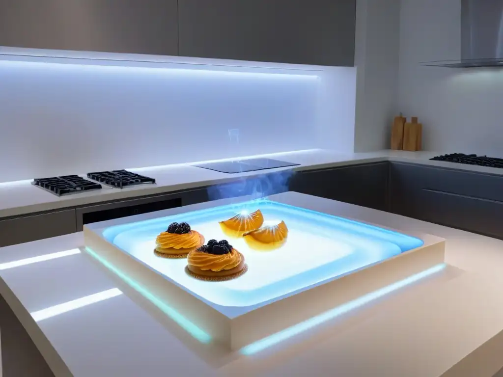 Una cocina elegante fusionando arte culinario con Realidad Aumentada en repostería