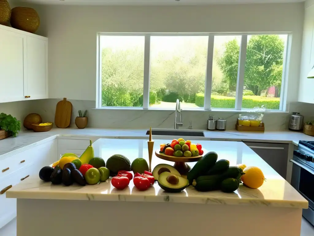 Una cocina elegante con frutas y verduras coloridas, aceites de alta calidad y aguacates