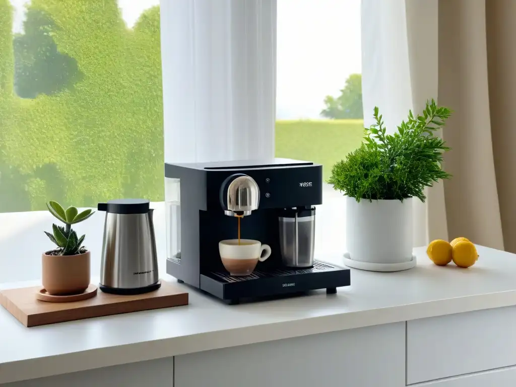 Cocina minimalista: máquina de café negra sobre mármol blanco Una cocina elegante y serena con decoraciones minimalistas, resalta la máquina de espresso negra mate sobre la encimera de mármol blanco, acompañada de una suculenta en maceta