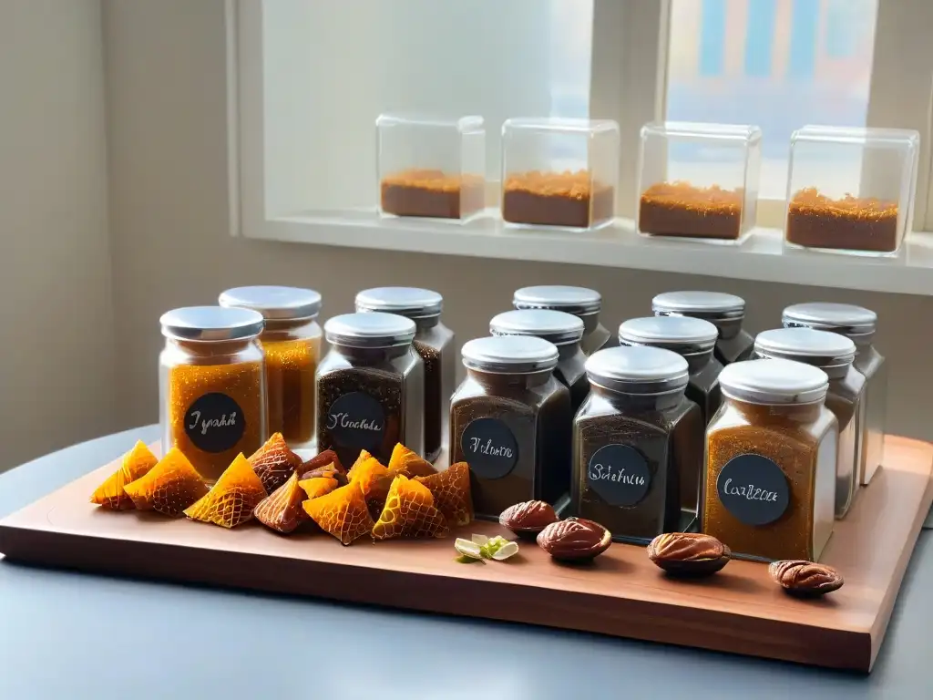 Un rincón de cocina con endulzantes naturales para postres sin gluten, en frascos con etiquetas escritas a mano
