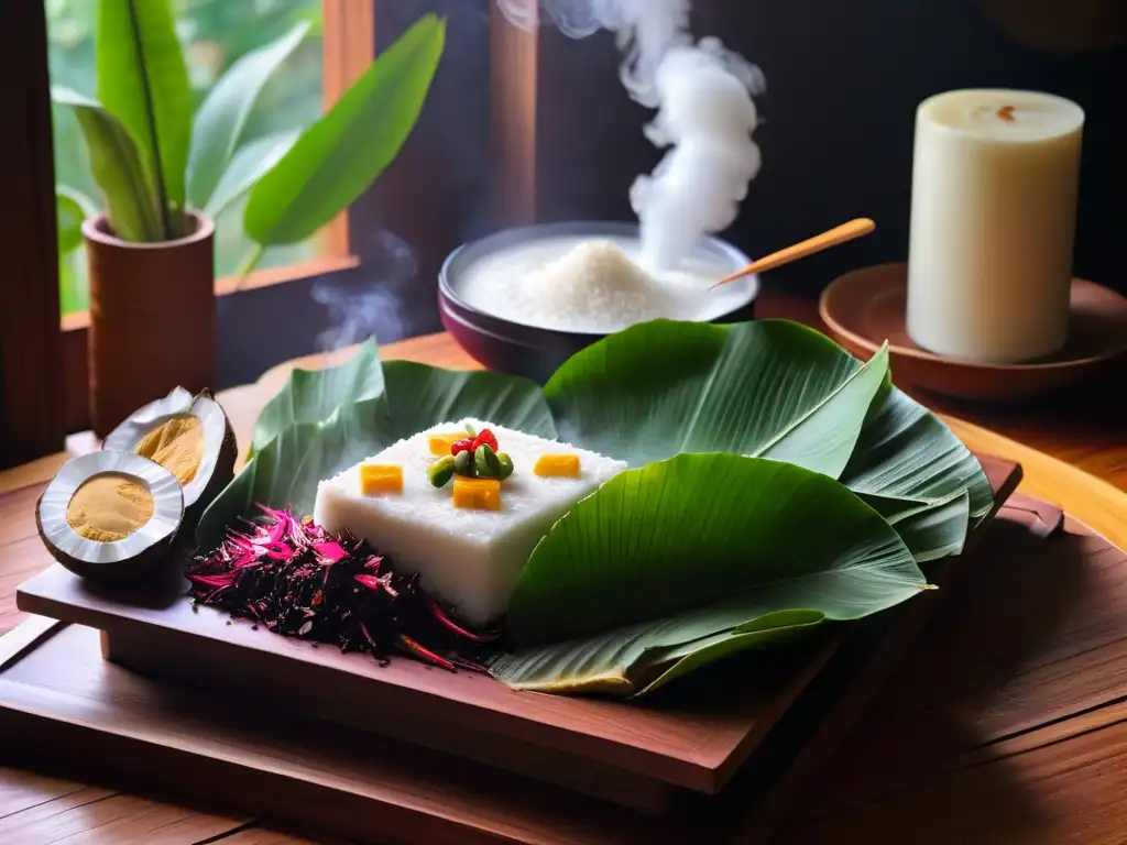 Un rincón de cocina filipina: mesa de madera con Biko, hojas de plátano, leche de coco y rodajas de ñame morado