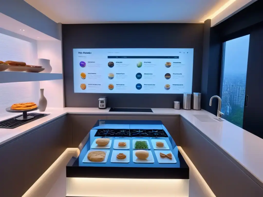 Una cocina futurista con elementos minimalistas y tutoriales de repostería en Realidad Aumentada para niños