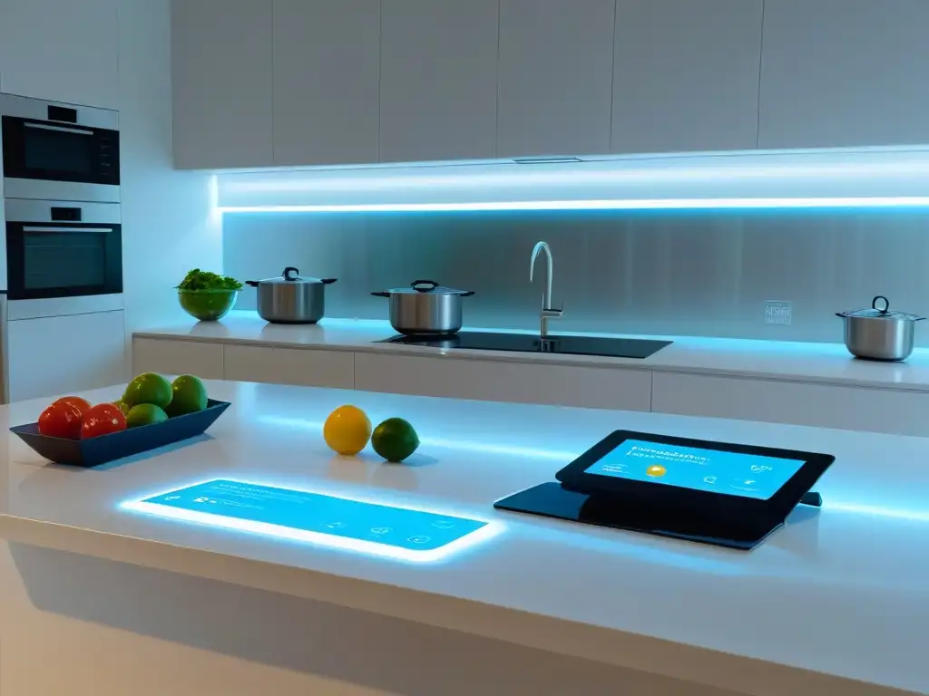 Cocina futurista con gadgets de Realidad Aumentada en repostería, ambiente minimalista y tecnología avanzada