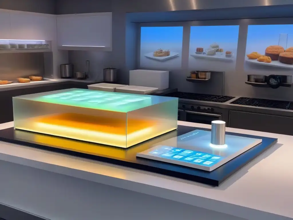 Una cocina futurista con herramientas de repostería en Realidad Aumentada educativa, reflejando hologramas de recetas detalladas