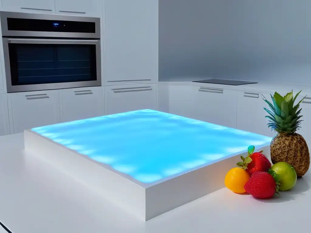 Una cocina futurista con herramientas de repostería en Realidad Aumentada, elegante y tecnológica