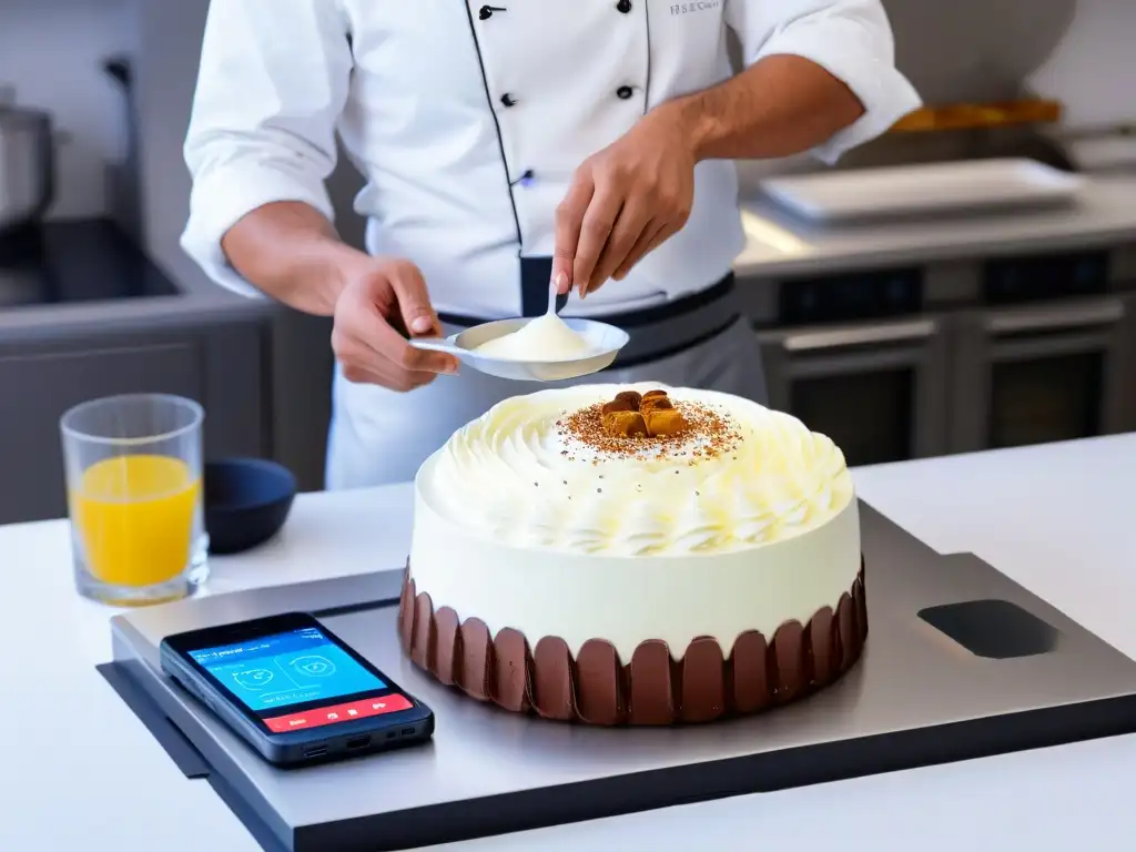 Una cocina futurista con herramientas de repostería en realidad aumentada, iluminación suave y diseño minimalista