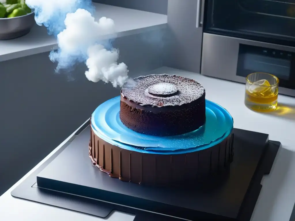 Una cocina futurista con holograma de AR mostrando receta de pastel de chocolate