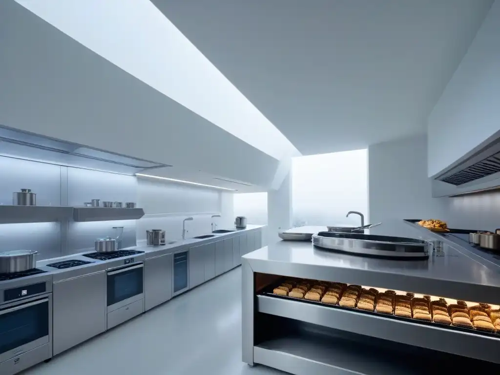 Cocina futurista con innovaciones en repostería moderna 2023, equipamiento avanzado y ambiente cálido