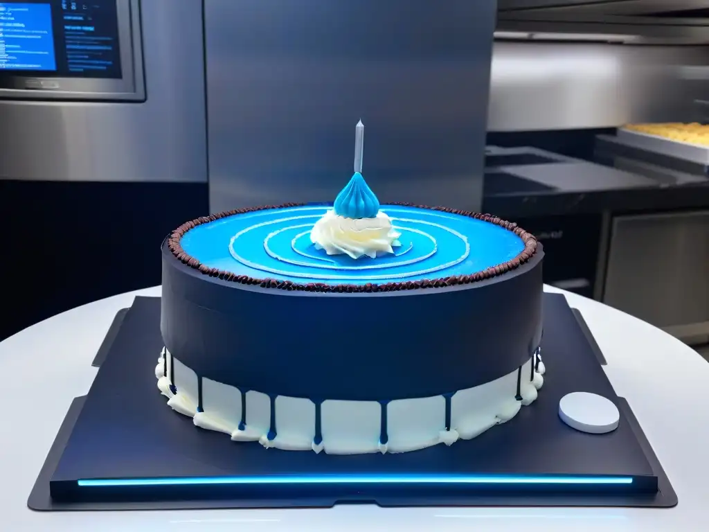 Una cocina futurista con Realidad Aumentada muestra una tarta siendo decorada con precisión sobre una encimera de mármol negro impecable