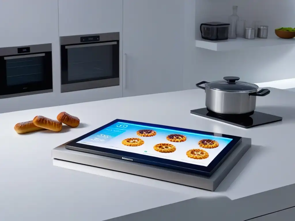 Una cocina futurista con Realidad Aumentada en repostería, gadgets de alta tecnología y utensilios modernos, todo en perfecta armonía