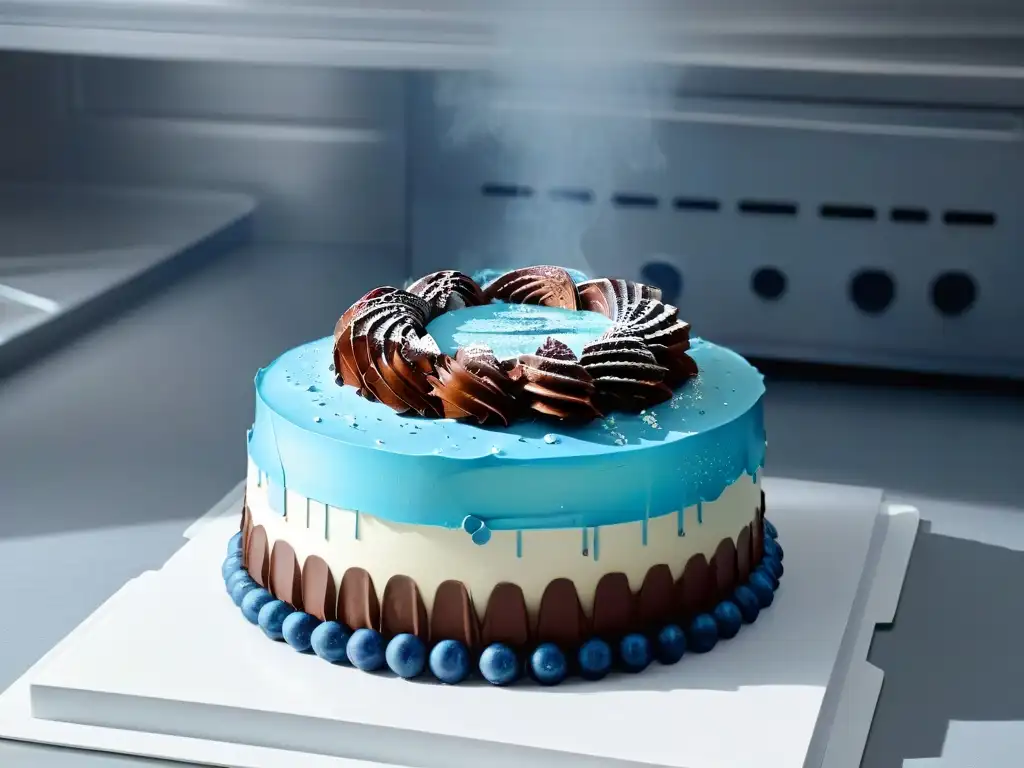 Una cocina futurista con Realidad Aumentada en repostería mostrando un pastel decorado en 3D