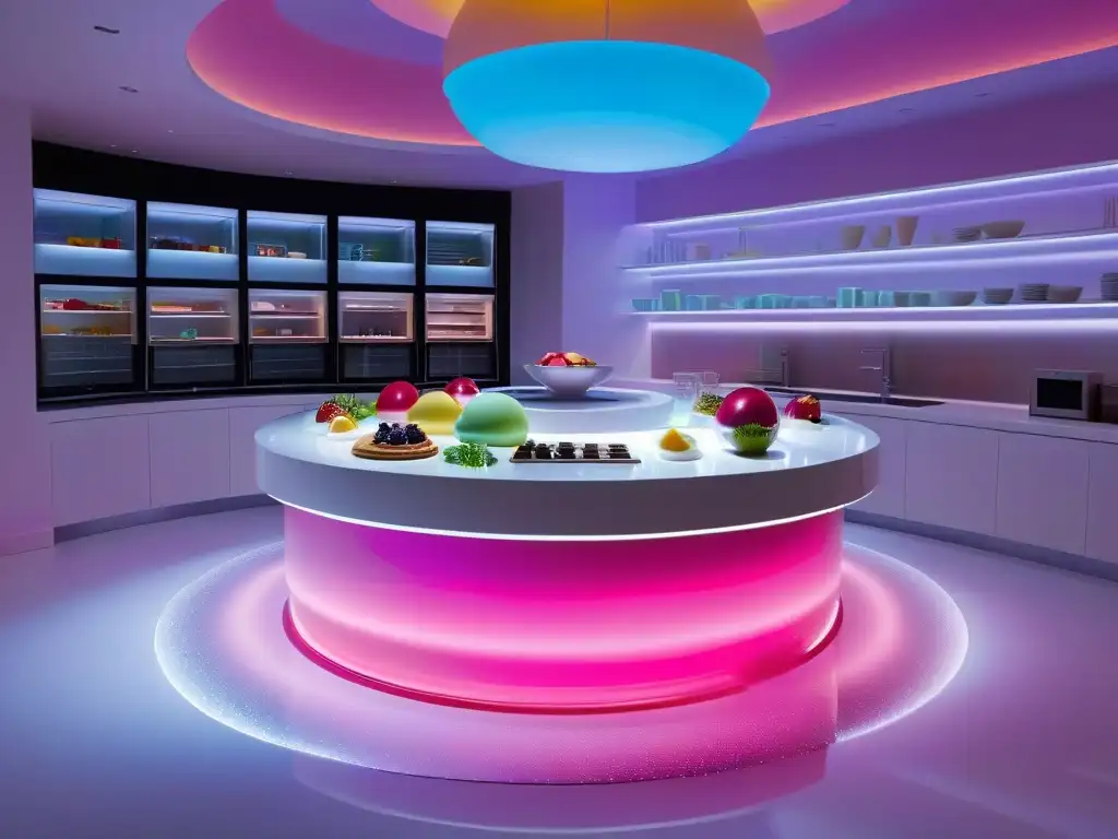 Una cocina futurista con recetas de postres en Realidad Aumentada, diseño minimalista y tecnología de vanguardia