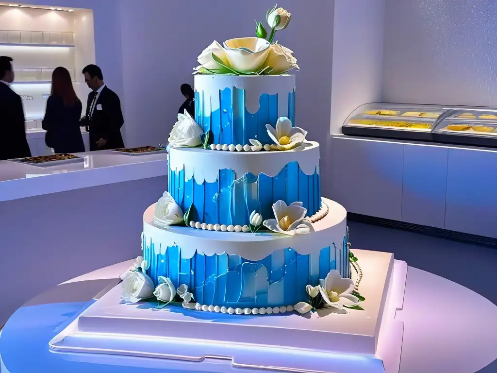 Una cocina futurista con una tarta de boda en Realidad Aumentada en repostería, fusionando tradición y tecnología