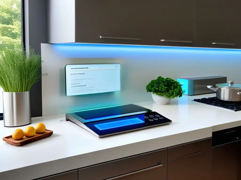 Una cocina futurista con tecnología de repostería inclusiva: horno inteligente, báscula digital y asistente de recetas por voz