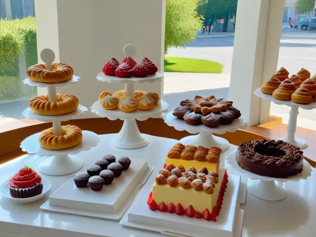 Una cocina iluminada por el sol con exquisitos pasteles y repostería variada