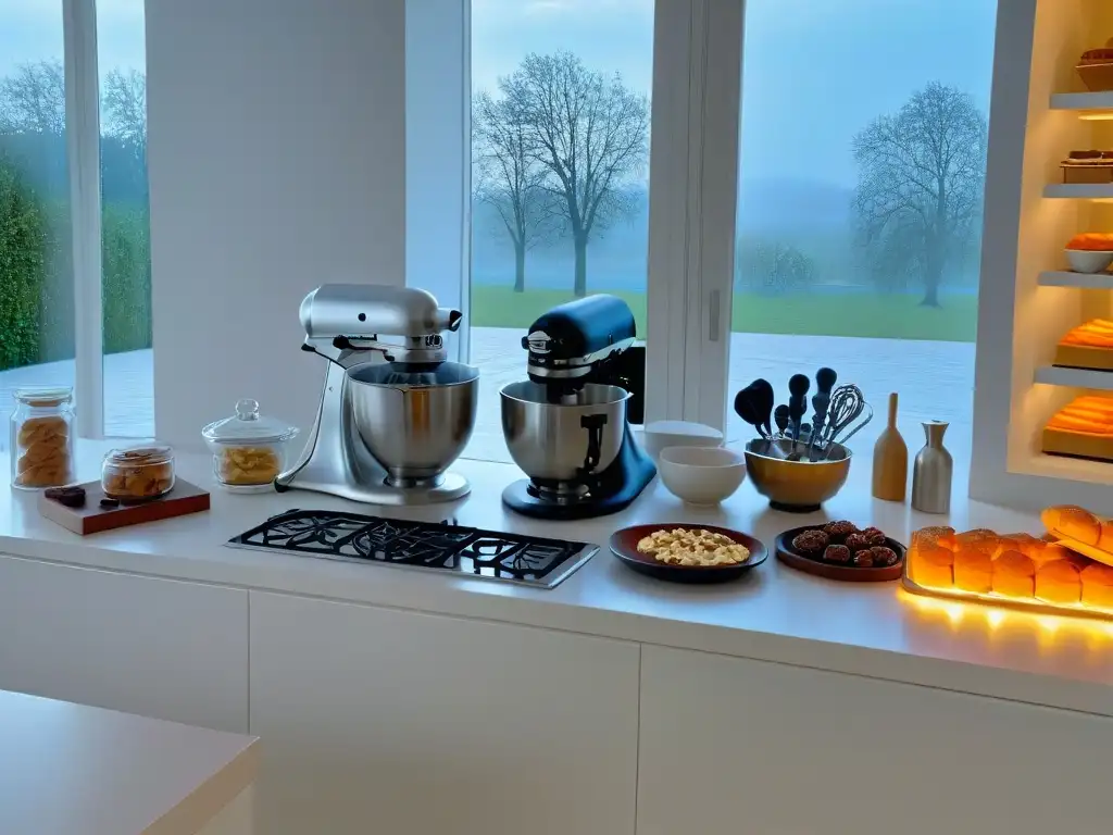 La cocina impecable de un chef blanco con accesorios de repostería francesa, un ambiente profesional lleno de luz solar