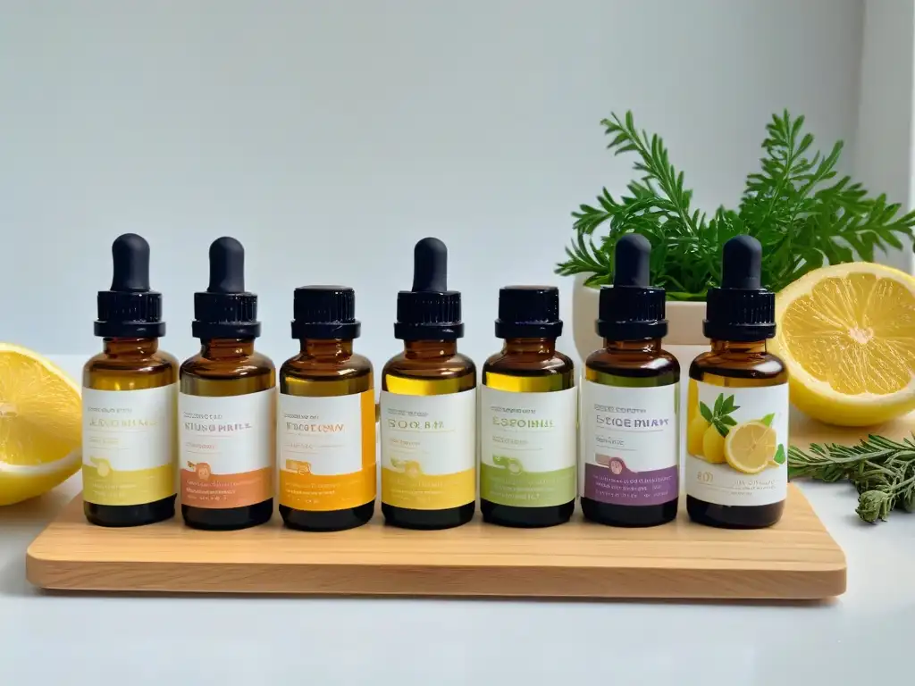 Arte culinario: esenciales orgánicos en cocina minimalista Una cocina minimalista con aceites esenciales comestibles para repostería, hierbas frescas y libros de recetas artesanales