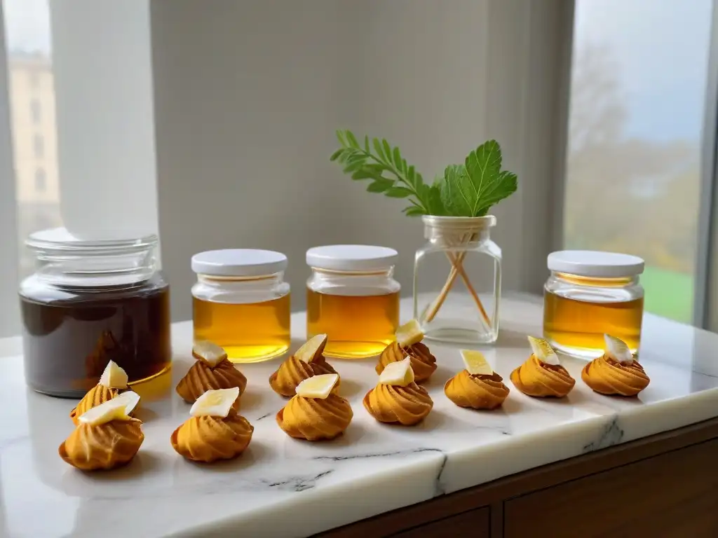 Una cocina minimalista con endulzantes naturales en tarros de vidrio, iluminada por luz natural