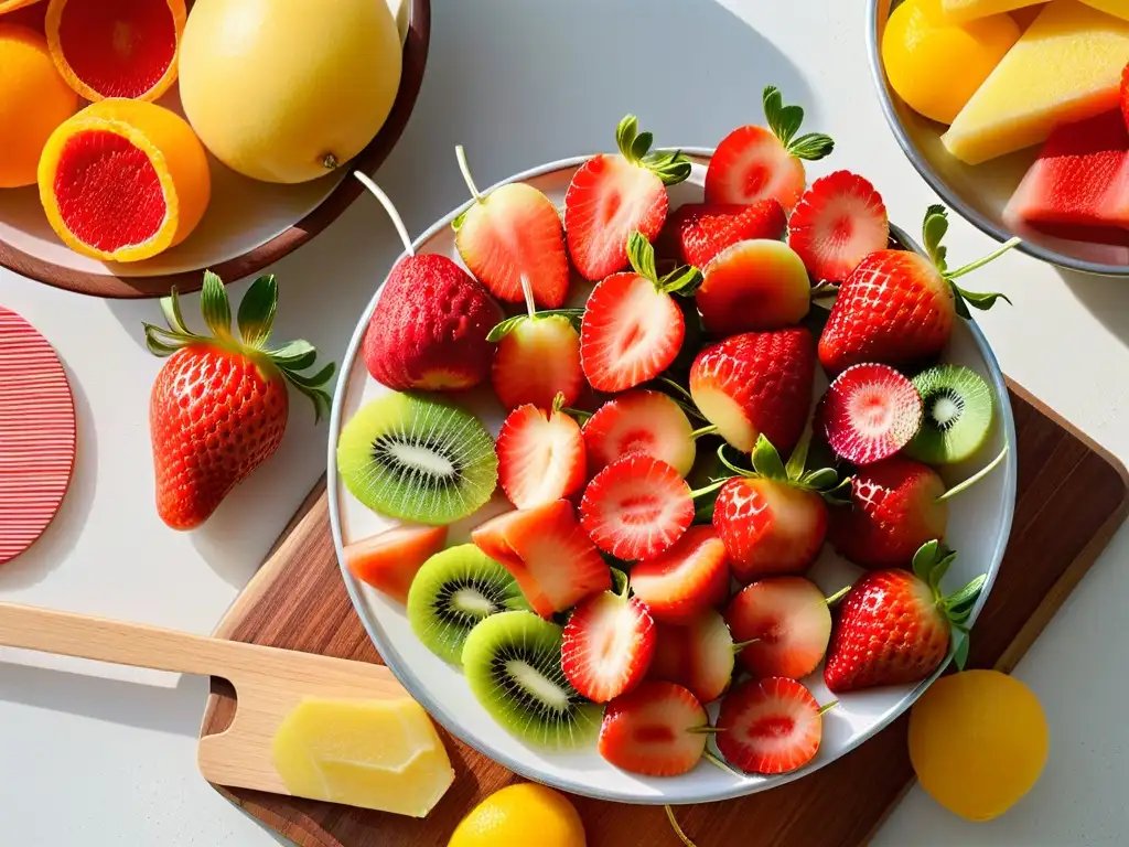 Una cocina minimalista con frutas frescas y utensilios para hacer paletas de agua caseras