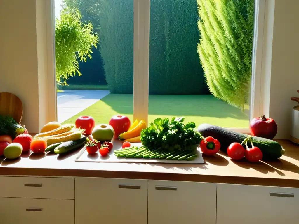 Una cocina minimalista con frutas y verduras frescas sobre una encimera de bambú ecofriendly