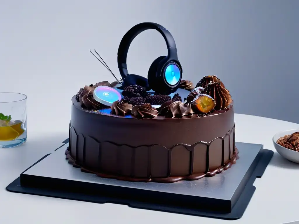 Una cocina minimalista con holograma de pastel de chocolate en Realidad Aumentada en repostería