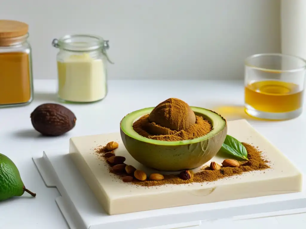 Una cocina minimalista con ingredientes orgánicos veganos en tendencia para repostería: aguacate, semillas de lino doradas, vainilla, dátiles y cacao