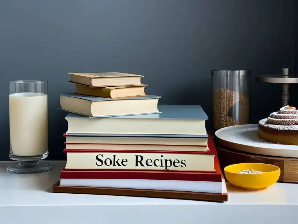 Una cocina minimalista con libros de recetas antiguos y postres modernos