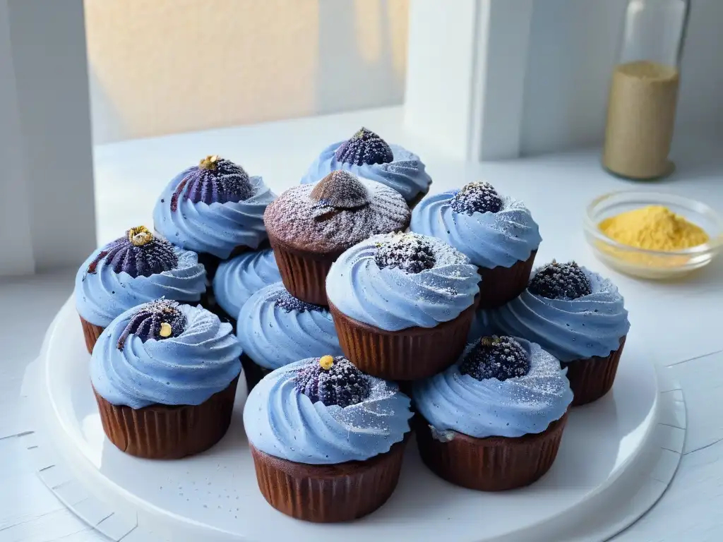 Una cocina minimalista con magdalenas de maíz azul recién horneadas, espolvoreadas con hojuelas de oro