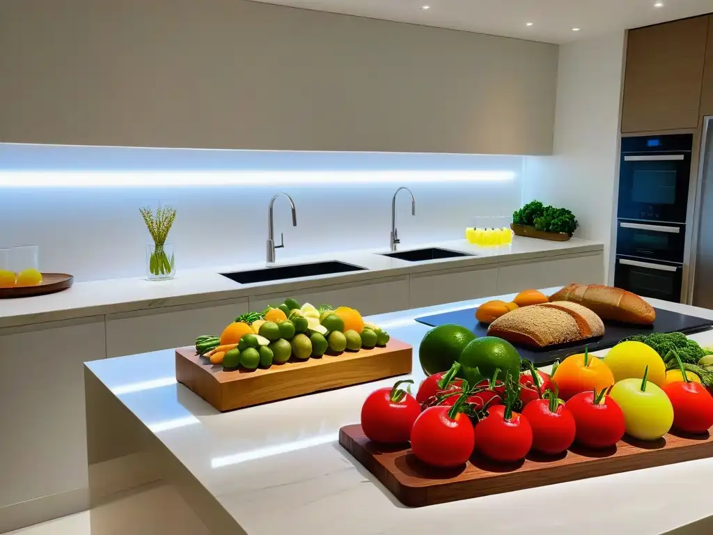 Cocina moderna con alimentos frescos bajo suave iluminación LED para fotografía de alimentos