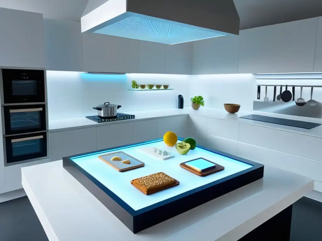 Una cocina moderna con aplicaciones de Realidad Aumentada para repostería, iluminada por luz natural