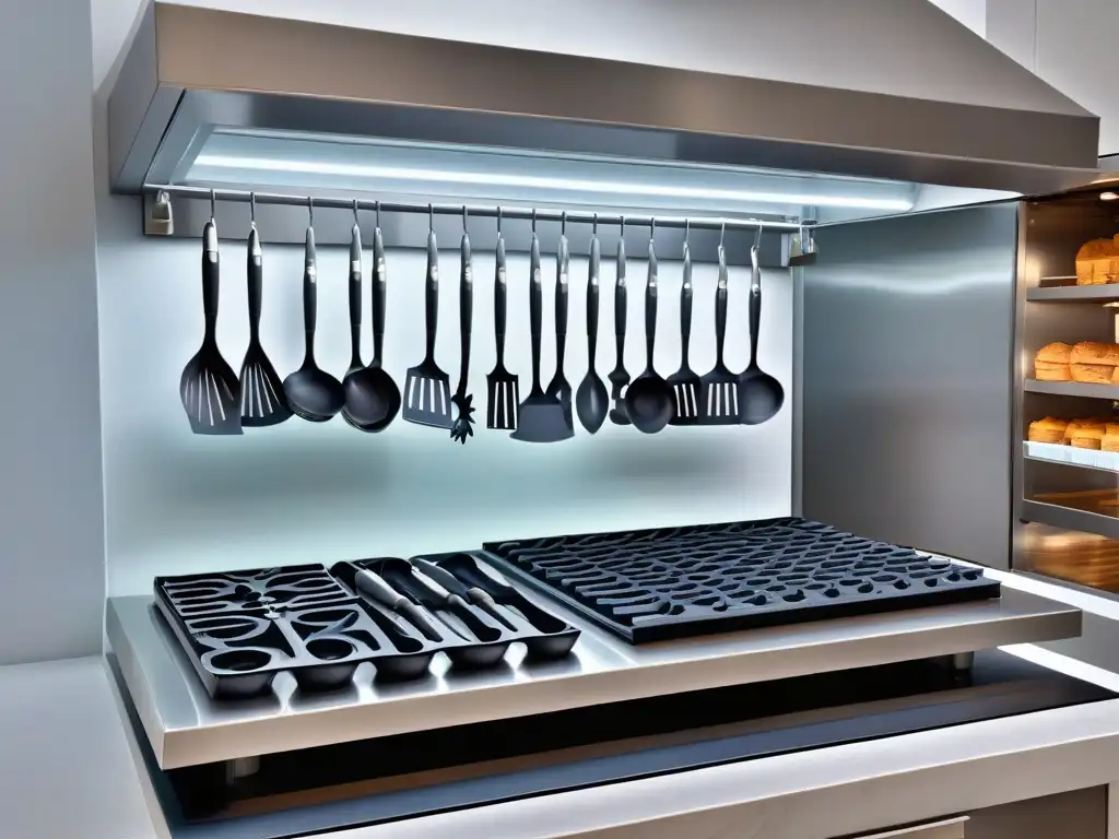 Cocina moderna con detalles elegantes, utensilios de alta gama organizados